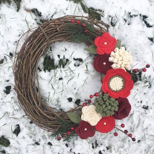 Christmas Wreath, Christmas Felt Flower Wreath, Christmas Grapevine Wreath, Christmas Decor, Rustic Christmas Wreath image 3