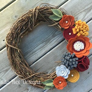 Fall Wreath, Fall Felt Floral Wreath, Thanksgiving Wreath, Fall Grapevine Wreath, Rustic Fall Wreath, Handmade Wreath, Fall Decor, image 2