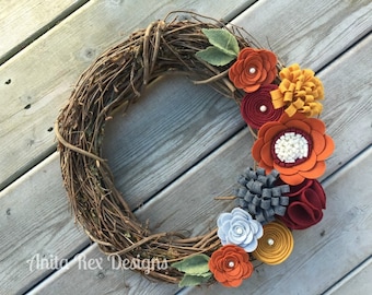 Fall Wreath, Fall Felt Floral Wreath, Thanksgiving Wreath,  Fall Grapevine Wreath, Rustic Fall Wreath, Handmade Wreath, Fall Decor,