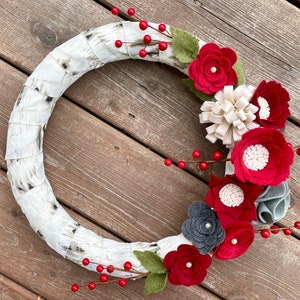 Ready to Ship Christmas Wreath Felt Flower Christmas Wreath, Birch Wreath, Christmas Front Door Wreath image 1