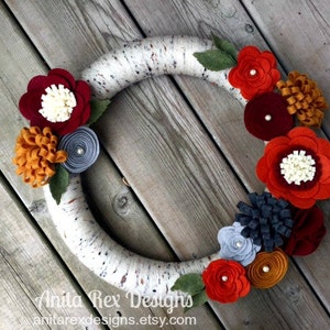 Fall Wreath, Yarn Wreath, Birch Wreath, Felt Flower Wreath, Autumn Wreath, Thanksgiving Wreath