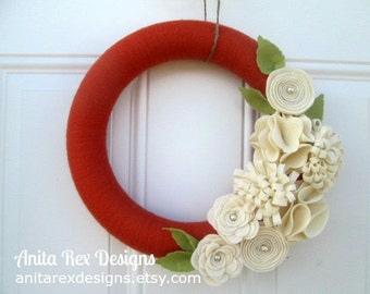 Fall Yarn Wreath, Orange Yarn Wreath, Yarn Wreath, Handmade Felt Flower Wreath
