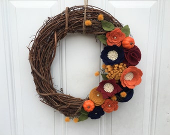 Fall Wreath, Rustic Felt Flower Wreath, Autumn Wreath, Grapevine Wreath