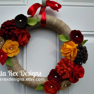 Autumn Wreath, Fall Burlap Wreath, Burlap Wreath, Burlap Wrapped, Orange Red Burgundy Brown Yellow Felt Flowers, Handmade Wreath