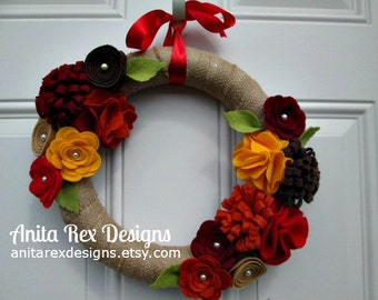 Autumn Wreath, Fall Burlap Wreath, Burlap Wreath, Burlap Wrapped, Orange Red Burgundy Brown Yellow Felt Flowers, Handmade Wreath