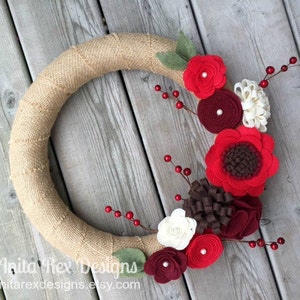 Christmas Wreath, Christmas Burlap Wreath, Christmas Felt Flower Wreath, Red, Brown Cream