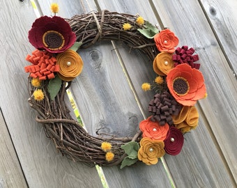 Fall Wreath, Rustic Wreath, Felt Flower Grapevine Wreath, Fall Front Door Wreath, Thanksgiving Wreath,