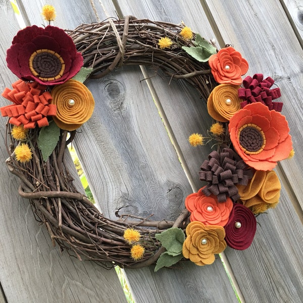 Fall Wreath, Rustic Wreath, Felt Flower Grapevine Wreath, Fall Front Door Wreath, Thanksgiving Wreath,