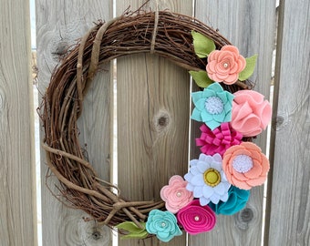 Spring Summer Grapevine Felt Flower Wreath