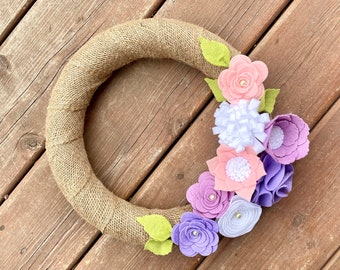 Spring Wreath, Pink Lavender Lilac Felt Floral Wreath