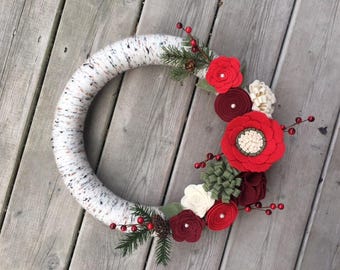 Christmas Wreath, Christmas Yarn Wreath, Christmas Felt Flower Wreath,  Birch Wreath, Christmas Decor,