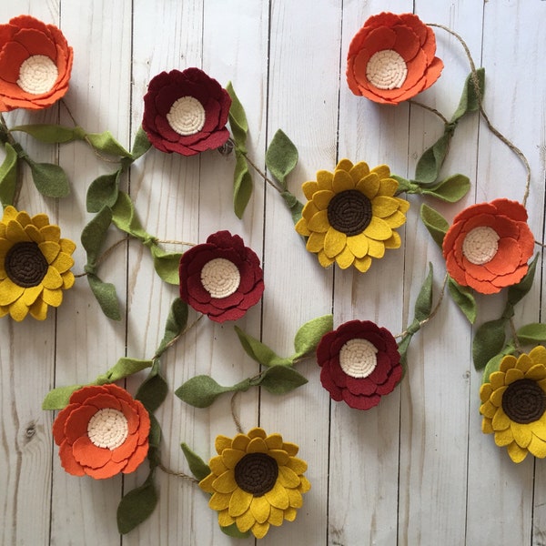 Fall Felt Flower Garland, Autumn Felt Flower Decor, Sunflower Garland, Fall Decor