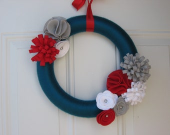 Yarn Wreath-Teal, Red, White and Grey Yarn and Felt Flower Wreath,  Door Wreath 12 inches, Front Door Wreath