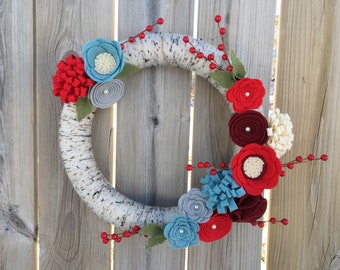 Christmas Wreath, Christmas Yarn Wreath, Aqua and Red Wreath, Birch Wreath, Christmas Decor