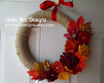 Fall Wreath, Burlap Wreath, Fall Burlap Wreath, Leaves Wreath, Red, Orange, Yellow, Ruby Felt Flower Wreath, Fall Decor