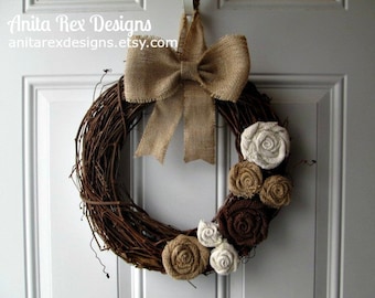 Grapevine Burlap Wreath, Burlap Flowers Wreath, Rustic Wreath, Shabby Chic Wreath