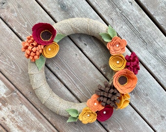 Fall Felt Flower Wreath, Burlap Wreath