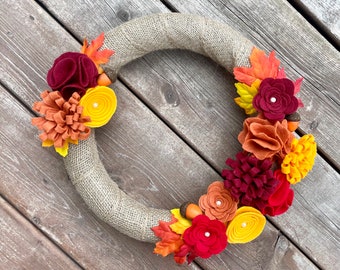 Corona de arpillera de otoño, corona de hojas, corona de flores de fieltro de otoño
