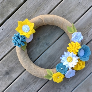 Spring Wreath, Yellow Blue Felt Flower Wreath, Handmade Wreath, Front Door Wreath, Spring Decor