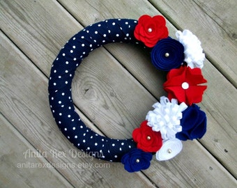 Patriotic Wreath, USA Wreath, Red White and Blue Wreath 4th of July Wreath, Felt Flowers