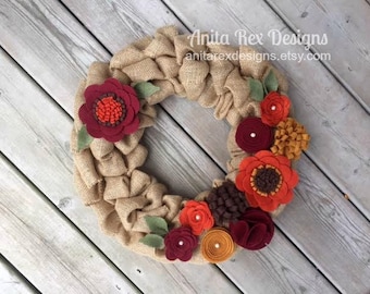 Fall Burlap Wreath, Fall Wreath,  Felt Flower Wreath, Orange, Rudy, Mustard Felt Flower Wreath