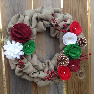 Christmas Wreath, Burlap Wreath, Door Wreath, Felt Flower Wreath image 3