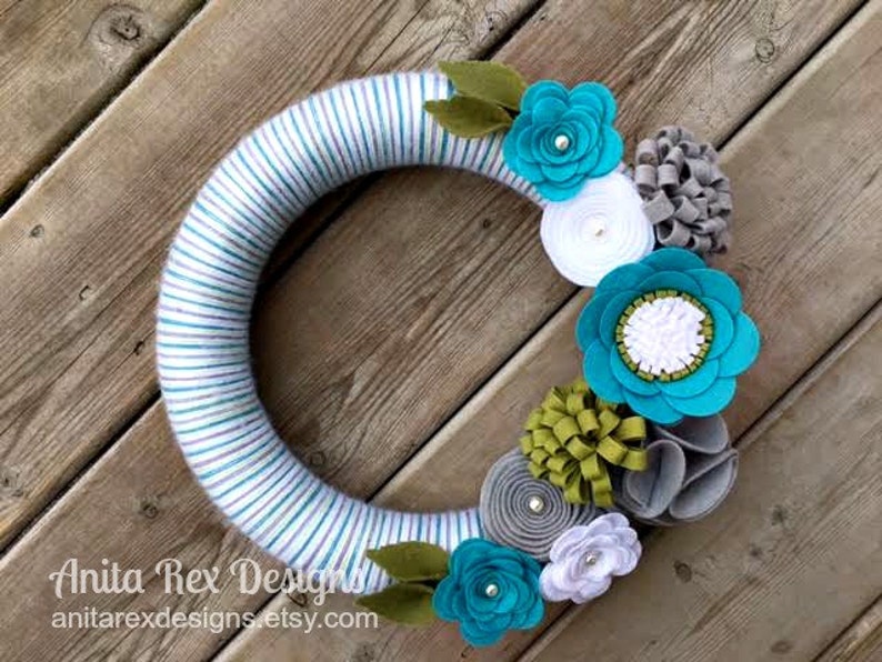 Spring Yarn Wreath, Felt Flowers Wreath, Aqua Green Stripe Wreath, Easter Wreath image 1