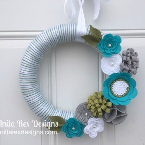 Spring Yarn Wreath, Felt Flowers Wreath, Aqua Green Stripe Wreath, Easter Wreath image 3