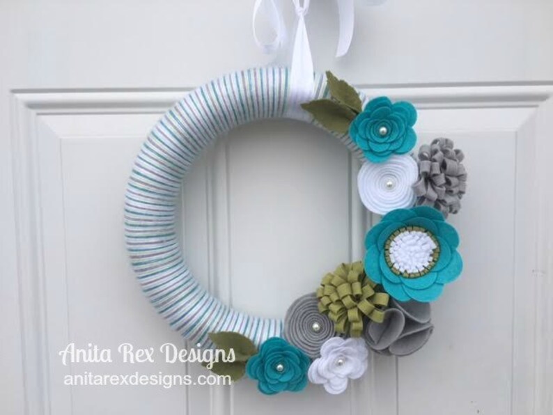 Spring Yarn Wreath, Felt Flowers Wreath, Aqua Green Stripe Wreath, Easter Wreath image 3