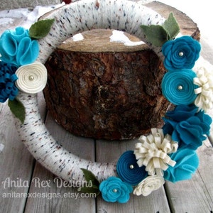 Yarn Wreath, Birch Yarn Wreath, Aqua Teal Cream Felt Flowers, Handmade Wreath, Spring Wreath, All year wreath image 2