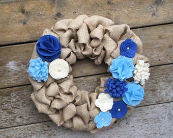 Burlap All Season Wreath, Blue, Powder Blue, Periwinkle Felt Flower Wreath, Modern Wreath