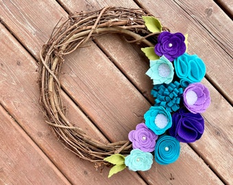 Jewel Tones Grapevine Felt Flower Wreath, Blue Purple Wreath