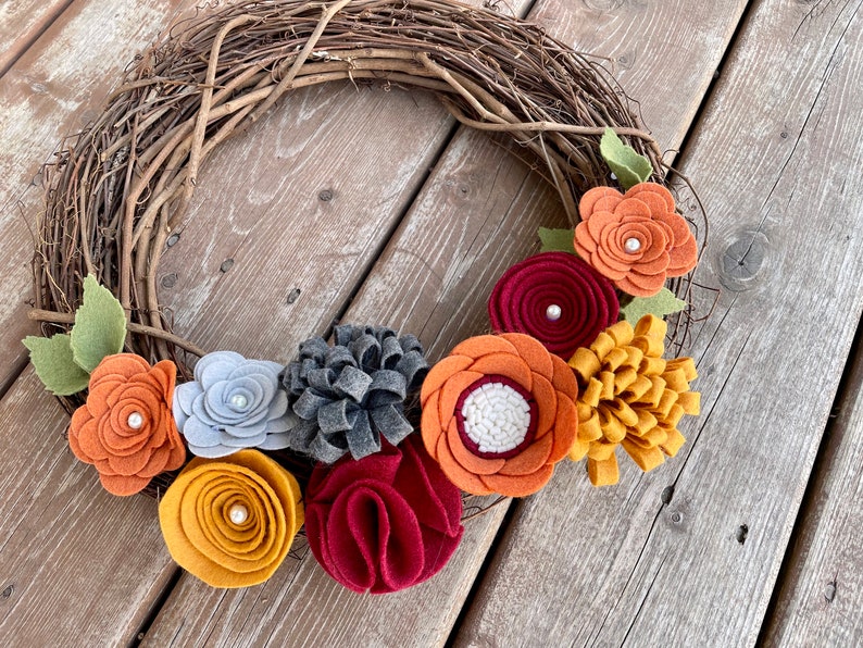 Fall Wreath, Fall Felt Floral Wreath, Thanksgiving Wreath, Fall Grapevine Wreath, Rustic Fall Wreath, Handmade Wreath, Fall Decor, image 5