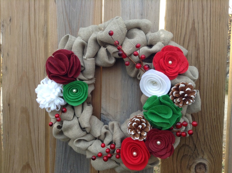Christmas Wreath, Burlap Wreath, Door Wreath, Felt Flower Wreath image 4