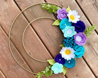 Spring Summer Gold wreath, Felt Flower Wreath, Blue Purple Wreath