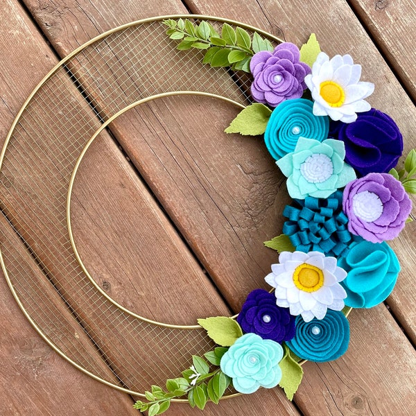 Spring Summer Gold wreath, Felt Flower Wreath, Blue Purple Wreath