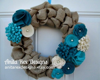Burlap Wreath, All Season Wreath, Teal, Turquoise Felt Flowers, Bubble Wreath