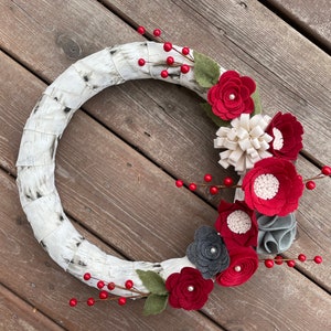 Ready to Ship Christmas Wreath Felt Flower Christmas Wreath, Birch Wreath, Christmas Front Door Wreath image 3