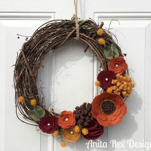 Fall Rustic Wreath, Fall Grapevine Wreath, Fall Floral Wreath, Felt Floral Wreath, Thanksgiving Decor, Fall Wreath image 2