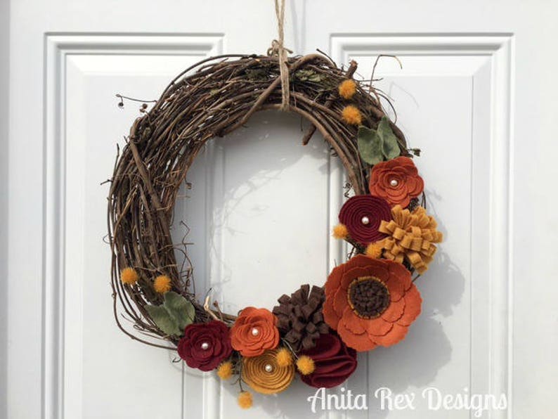 Fall Rustic Wreath, Fall Grapevine Wreath, Fall Floral Wreath, Felt Floral Wreath, Thanksgiving Decor, Fall Wreath image 2