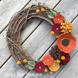 Fall Rustic Wreath, Fall Grapevine Wreath, Fall Floral Wreath, Felt Floral Wreath, Thanksgiving Decor, Fall Wreath