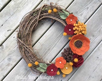 Fall Rustic Wreath, Fall Grapevine Wreath, Fall Floral Wreath, Felt Floral Wreath, Thanksgiving Decor, Fall Wreath