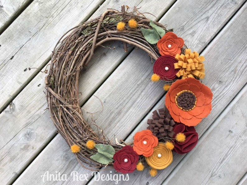 Fall Rustic Wreath, Fall Grapevine Wreath, Fall Floral Wreath, Felt Floral Wreath, Thanksgiving Decor, Fall Wreath image 1