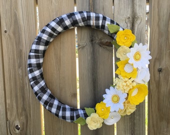 Spring Wreath, Daisy Yellow Felt Flower Wreath, Buffalo Check Felt Floral Wreath