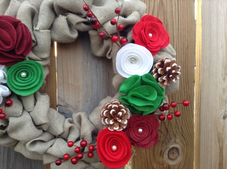 Christmas Wreath, Burlap Wreath, Door Wreath, Felt Flower Wreath image 5