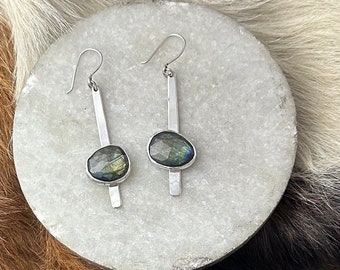 Labradorite stone “Dana” earring set on a strip of sterling silver metal fringe