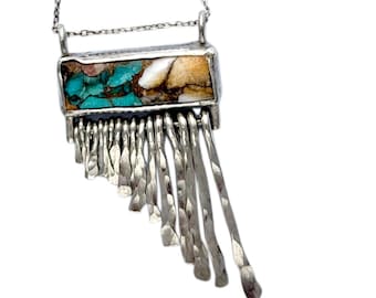 Spiny oyster turquoise and bronze Bar stone and fringe style necklace handmade of sterling silver 20” length