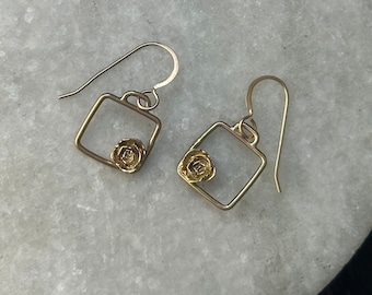 Alice earring 14k yellow gold casted succulent in square hoop