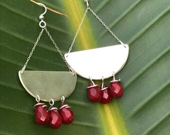 The large "Quincy" earring, hand cut silver half circle with red Jade briolette beads hanging from silver wire and silver chain