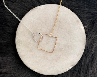 Sterling Silver Circle & 14k Gold Fill Square Necklace, Handmade Geometric Jewelry